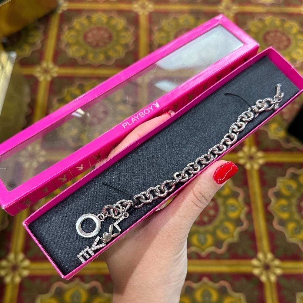 Y2k Nwt Playboy Love Rhinestone Chain Silver Bracelet 55$
